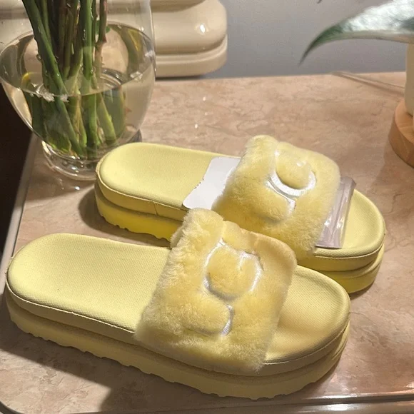 Ugg Yellow Fuzzy Fur Slide Sandals - Picture 2 of 8